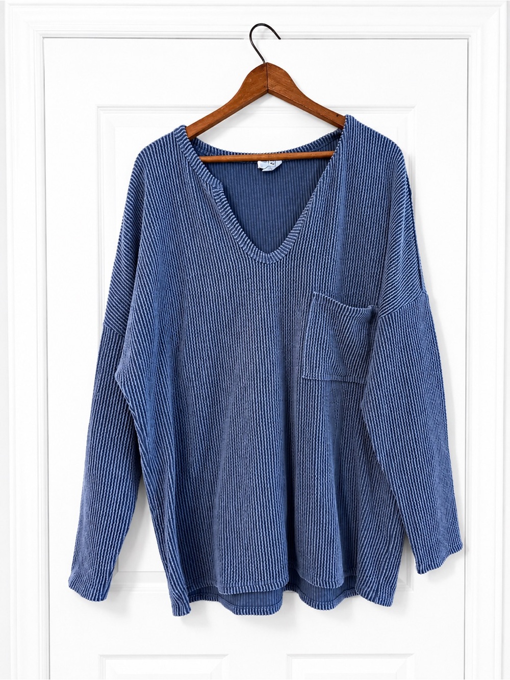 Bibi Blue Ribbed Oversized Thermal Top Large Raw Hem Boho Cozy Tunic